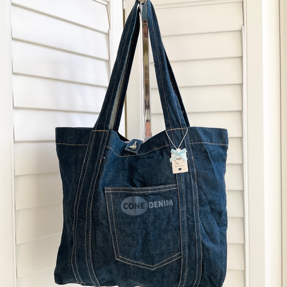 Dark Blue Denim Tote Bag with Front Pocket
